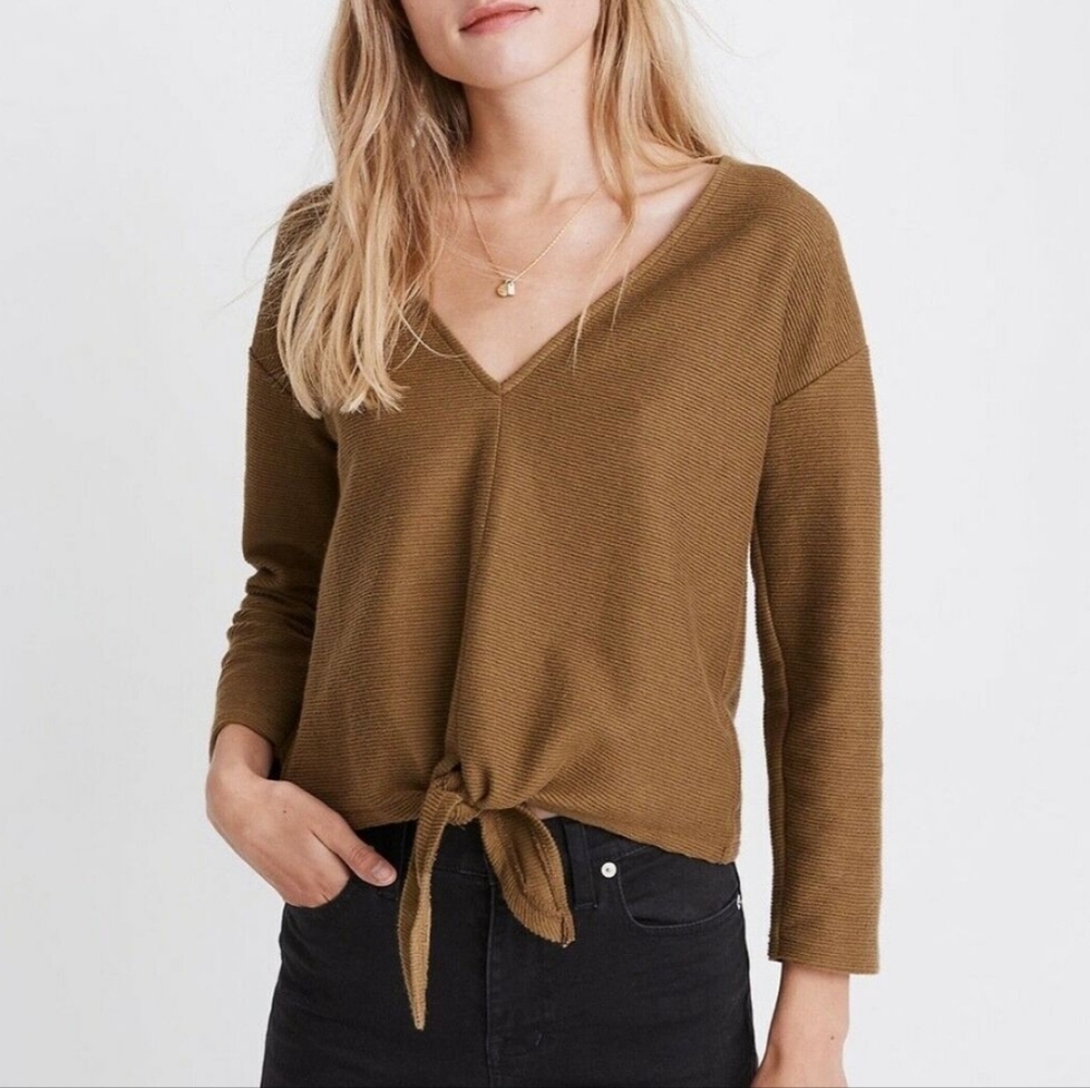 Madewell Texture &‎ Thread Moss Green Tie-Front 100% Cotton Cropped Top Size 2X